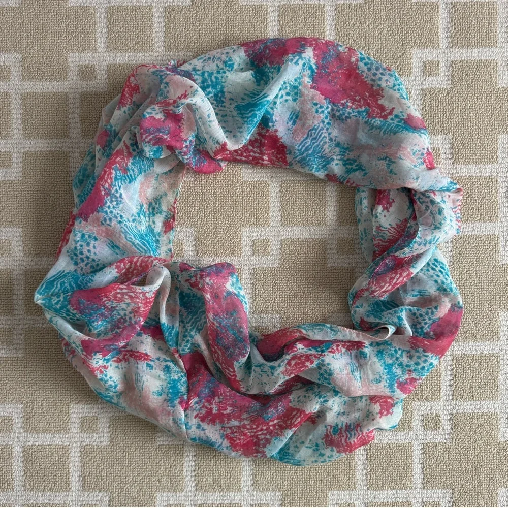 Abstract Print Infinity Scarf Pink Teal Lightweight Sheer Loop Resort Style